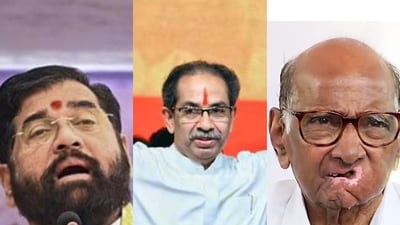 Maharashtra chief minister Eknath Shinde, Shiv Sena (UBT) chief Uddhav Thackeray and NCP(SP) president Sharad Pawar