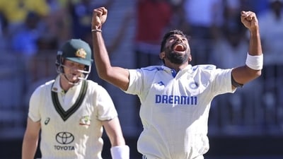 India's captain Jasprit Bumrah celebrates the wicket of Australia's Steve Smith on the first day of the first cricket test between Australia and India in Perth, Australia, on Friday. (AP) India's captain Jasprit Bumrah celebrates the wicket of Australia's Steve Smith on the first day of the first cricket test between Australia and India in Perth, Australia, on Friday. (AP)