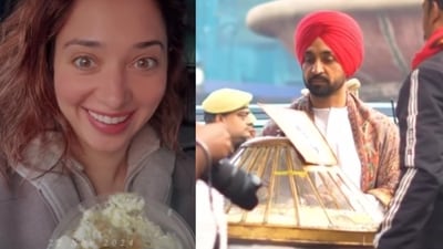 Tamannaah Bhatia and Diljit Dosanjh devouring Makhan Malai in Lucknow Tamannaah Bhatia and Diljit Dosanjh devouring Makhan Malai in Lucknow