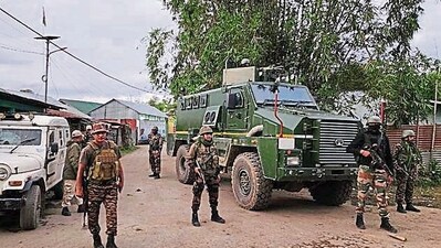 Security forces keep vigil outside an MLA’s house in Imphal on Friday. (special arrangement) Security forces keep vigil outside an MLA’s house in Imphal on Friday. (special arrangement)