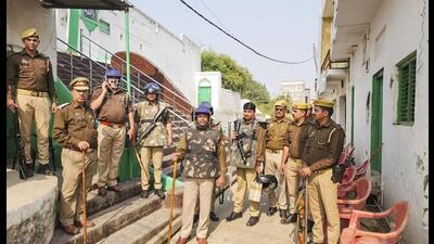Security personnel keep vigil ahead of Friday prayers amid the ongoing controversy regarding the Jama Masjid, in Uttar Pradesh’s Sambhal district, Friday. (PTI Photo) Security personnel keep vigil ahead of Friday prayers amid the ongoing controversy regarding the Jama Masjid, in Uttar Pradesh’s Sambhal district, Friday. (PTI Photo)