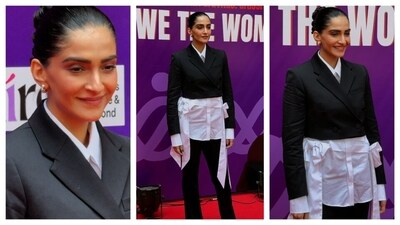 Sonam Kapoor put an innovative twist to her ensemble. She wore a cropped blazer with broad lapels and a dress shirt with bows. She really mashed the most opposite style aesthetics- couquettecore and power dressing into one ensemble and effortlessly carried it. (PC: Ashutosh Rai) Sonam Kapoor put an innovative twist to her ensemble. She wore a cropped blazer with broad lapels and a dress shirt with bows. She really mashed the most opposite style aesthetics- couquettecore and power dressing into one ensemble and effortlessly carried it. (PC: Ashutosh Rai)