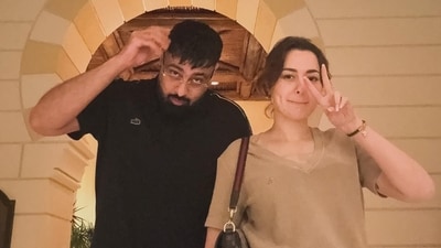Badshah and Pakistani actor Hania Aamir pose for the camera in Dubai. Badshah and Pakistani actor Hania Aamir pose for the camera in Dubai.