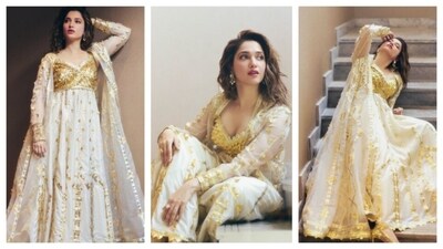 Tamannaah Bhatia wore a beautiful, golden traditional ensemble. she wore a pair of Louboutin pumps from his Diwali edit collection with her Abu Jani Sandeep Khosla outfit. (Instagram) Tamannaah Bhatia wore a beautiful, golden traditional ensemble. she wore a pair of Louboutin pumps from his Diwali edit collection with her Abu Jani Sandeep Khosla outfit. (Instagram)