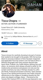 Tisca Chopra's account on LinkedIn looks like this.