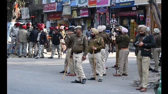 Dilpreet’s cremation was held under strict security arrangements in Kumbra village, Mohali, to prevent any untoward incident. Additional forces were deployed from nearby police stations. (Sanjeev Sharma/HT)