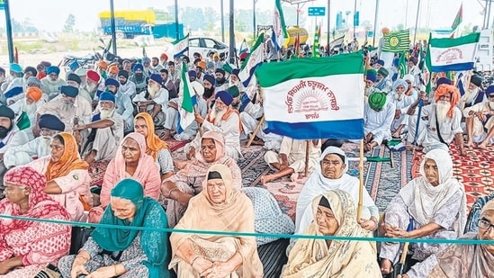 Farmer Union members hold a protest against the central government over their various demands at Shambhu border (Punjab-Haryana border) Shambhu in Patiala on Friday. (ANI)