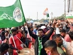 Jharkhand Mukti Morcha (JMM) supporters celebrate as INDIA bloc leads in the Jharkhand Assembly elections, in Ranchi on Saturday.
Jharkhand Mukti Morcha (JMM) supporters celebrate as INDIA bloc leads in the Jharkhand Assembly elections, in Ranchi on Saturday.