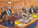 In this courtroom sketch, attorney Marc Agnifolo, left, speaks at the podium, as Alexandra Shapiro, Sean Diddy Combs, and attorney Tony Riccio, seated second left to right, listen during a hearing in federal court, Friday, Nov. 24, 2024, in New York. (Jane Rosenberg via AP) In this courtroom sketch, attorney Marc Agnifolo, left, speaks at the podium, as Alexandra Shapiro, Sean Diddy Combs, and attorney Tony Riccio, seated second left to right, listen during a hearing in federal court, Friday, Nov. 24, 2024, in New York. (Jane Rosenberg via AP)
