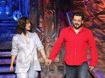 Hina Khan and Salman Khan on the Bigg Boss 18 stage.
