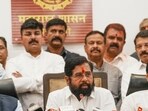 Maharashtra CM Eknath Shinde (C) at the joint press conference with his deputies Devendra Fadnavis (L) and Ajit Pawar (R). Maharashtra CM Eknath Shinde (C) at the joint press conference with his deputies Devendra Fadnavis (L) and Ajit Pawar (R).