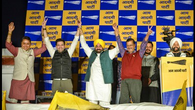 (From left) AAP’s Punjab chief Aman Arora, Rajya Sabha member Raghav Chadha, CM Bhagwant Mann and AAP convener Arvind Kejriwal during an event to celebrate bypoll victories, in New Delhi on Saturday (PTI) (From left) AAP’s Punjab chief Aman Arora, Rajya Sabha member Raghav Chadha, CM Bhagwant Mann and AAP convener Arvind Kejriwal during an event to celebrate bypoll victories, in New Delhi on Saturday (PTI)