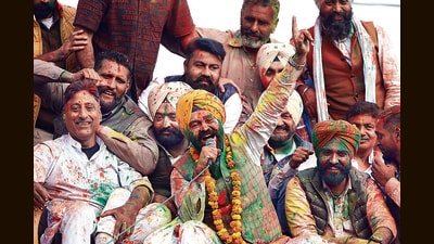 AAP’s Hardeep Singh Dimpy Dhillon during a roadshow after winning the bypoll on Saturday. This is for the first time in 29 years that Gidderbaha voters have picked a local candidate. (Sanjeev Kumar /HT) AAP’s Hardeep Singh Dimpy Dhillon during a roadshow after winning the bypoll on Saturday. This is for the first time in 29 years that Gidderbaha voters have picked a local candidate. (Sanjeev Kumar /HT)