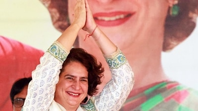 Congress general secretary Priyanka Gandhi Vadra greets a gathering. (Nana Patole-X) Congress general secretary Priyanka Gandhi Vadra greets a gathering. (Nana Patole-X)