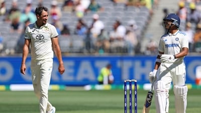Australia's Mitchell Starc, left, and India's Yashasvi Jaiswal smile as they have a chat on the second day of the first cricket Test (AP) Australia's Mitchell Starc, left, and India's Yashasvi Jaiswal smile as they have a chat on the second day of the first cricket Test (AP)