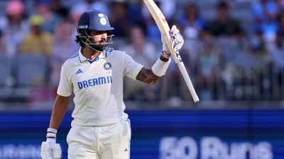 India's KL Rahul celebrates his fifty runs on the second day of the first cricket test between Australia and India in Perth, Australia (AP)
