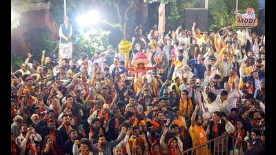 BJP supporters celebrate the party's victory in the Maharashtra assembly election, at party headquarters in New Delhi. (ANI PHOTO) BJP supporters celebrate the party's victory in the Maharashtra assembly election, at party headquarters in New Delhi. (ANI PHOTO)