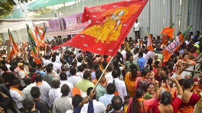 BJP workers celebrate the party's victory in the Maharashtra Assembly elections, in Navi Mumbai, on Saturday. (PTI) BJP workers celebrate the party's victory in the Maharashtra Assembly elections, in Navi Mumbai, on Saturday. (PTI)