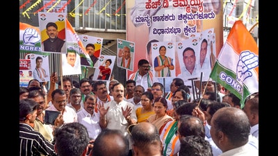 Chikmagalur: Congress workers celebrate their victory in Karnataka assembly bypolls in three seats (PTI)