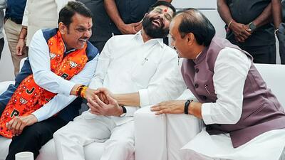 Maharashtra chief minister Eknath Shinde with deputy chief ministers Devendra Fadnavis and Ajit Pawar at an election rally. (Devendra Fadnavis-X/ File Photo) Maharashtra chief minister Eknath Shinde with deputy chief ministers Devendra Fadnavis and Ajit Pawar at an election rally. (Devendra Fadnavis-X/ File Photo)