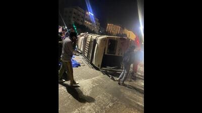 Mangled remains of the Tempo Traveller after it collided with a cab on Airport Road at the Mohali Towers intersection in Industrial Area, Phase 8-B, on Saturday. (HT Photo) Mangled remains of the Tempo Traveller after it collided with a cab on Airport Road at the Mohali Towers intersection in Industrial Area, Phase 8-B, on Saturday. (HT Photo)