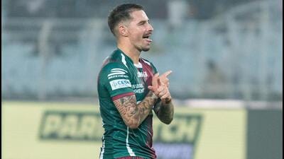 Mohun Bagan’s Jamie Maclaren celebrates after scoring the team’s third goal in the 3-0 win over Jamshedpur FC in their Indian Super League (ISL) game in Kolkata on Saturday. (ISL) Mohun Bagan’s Jamie Maclaren celebrates after scoring the team’s third goal in the 3-0 win over Jamshedpur FC in their Indian Super League (ISL) game in Kolkata on Saturday. (ISL)