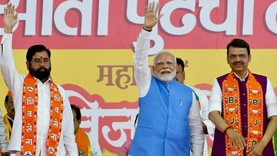 Prime Minister Narendra Modi at a public meeting in Mumbai along with Maharashtra chief minister Eknath Shinde and deputy CM Devendra Fadnavis. (ANI) Prime Minister Narendra Modi at a public meeting in Mumbai along with Maharashtra chief minister Eknath Shinde and deputy CM Devendra Fadnavis. (ANI)