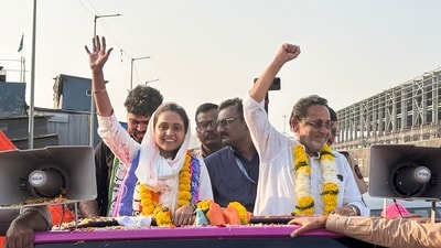 NCP candidate from Mankhurd Shivaji Nagar, Nawab Malik and party candidate from Anushakti Nagar Assembly Constituency, Sana Malik during a roadshow. (ANI)