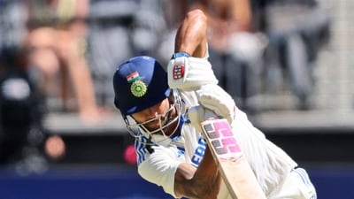 India's Nitish Kumar Reddy bats during play in the first cricket test between India and Australia in Perth, Australia. (AP) India's Nitish Kumar Reddy bats during play in the first cricket test between India and Australia in Perth, Australia. (AP)