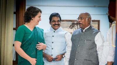 Priyanka Gandhi Vadra with Congress chief Mallikarjun Kharge after her victory. (HT PHOTO) Priyanka Gandhi Vadra with Congress chief Mallikarjun Kharge after her victory. (HT PHOTO)