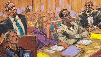 In this courtroom sketch, attorney Marc Agnifolo, left, speaks at the podium, as Alexandra Shapiro, Sean Diddy Combs, and attorney Tony Riccio, seated second left to right, listen during a hearing in federal court, Friday, Nov. 24, 2024, in New York. (Jane Rosenberg via AP) (AP) In this courtroom sketch, attorney Marc Agnifolo, left, speaks at the podium, as Alexandra Shapiro, Sean Diddy Combs, and attorney Tony Riccio, seated second left to right, listen during a hearing in federal court, Friday, Nov. 24, 2024, in New York. (Jane Rosenberg via AP) (AP)