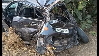 The mangled remains of the car after the mishap near Doraha in Ludhiana. (HT photo)