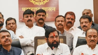 Maharashtra CM Eknath Shinde (C) at the joint press conference with his deputies Devendra Fadnavis (L) and Ajit Pawar (R). (PTI) Maharashtra CM Eknath Shinde (C) at the joint press conference with his deputies Devendra Fadnavis (L) and Ajit Pawar (R). (PTI)