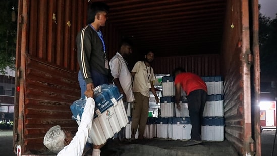 Maharashtra assembly election results: Electronic Voting Machines (EVM) being brought to a counting centre from a strong room. (ANI)