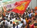 BJP workers celebrate the party's victory in the Maharashtra Assembly elections, in Navi Mumbai, on Saturday. (PTI) BJP workers celebrate the party's victory in the Maharashtra Assembly elections, in Navi Mumbai, on Saturday. (PTI)
