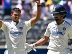 Yashasvi Jaiswal celebrates his century alongside KL Rahul at the Optus Stadium in Perth.