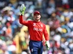 England's Jos Buttler reacts during a match.