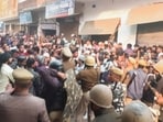 Police and security personnel interact with locals protesting during a second survey of the Jama Masjid, claimed to be originally the site of an ancient Hindu temple, in Sambhal, Sunday, Nov. 24, 2024.