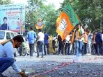 The Bharatiya Janata Party (BJP) supporters burst crackers during a celebration in Maharashtra. 