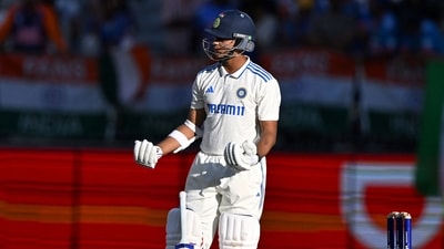 India's Yashasvi Jaiswal gestures during the second day of the first Test cricket match. (Photo by SAEED KHAN / AFP) (AFP)