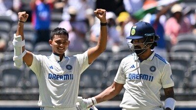 Yashasvi Jaiswal celebrates his century alongside KL Rahul at the Optus Stadium in Perth. (AFP)