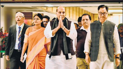 Defence minister Rajnath Singh along with Union minister of parliamentary affairs and minority affairs Kiren Rijiju, Union minister of state for health and family welfare Anupriya Patel and others arrive to attend all-party meet ahead of Winter Session of Parliament, at Main Committee Room, Parliament House Annexe, in New Delhi on Saturday. (ANI)