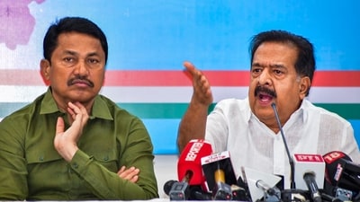 AICC in-charge of Maharashtra Ramesh Chennithala with state Congress President Nana Patole addresses a press conference after the results of the Maharashtra Assembly elections, in Mumbai, Saturday, Nov. 23, 2024. (PTI) AICC in-charge of Maharashtra Ramesh Chennithala with state Congress President Nana Patole addresses a press conference after the results of the Maharashtra Assembly elections, in Mumbai, Saturday, Nov. 23, 2024. (PTI)