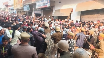 Police and security personnel interact with locals protesting during a second survey of the Jama Masjid, claimed to be originally the site of an ancient Hindu temple, in Sambhal, Sunday, Nov. 24, 2024. (PTI) Police and security personnel interact with locals protesting during a second survey of the Jama Masjid, claimed to be originally the site of an ancient Hindu temple, in Sambhal, Sunday, Nov. 24, 2024. (PTI)