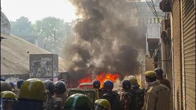 Police try to control situation after violence erupted during the second survey of the Jama Masjid, claimed to be originally the site of an ancient Hindu temple, in Sambhal, on Sunday. (PTI) Police try to control situation after violence erupted during the second survey of the Jama Masjid, claimed to be originally the site of an ancient Hindu temple, in Sambhal, on Sunday. (PTI)