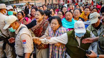 Protests erupted in Manipur after accomplices of the gunmen, who survived the gunfight, shot dead two Meitei men and abducted six civilian women and children. The six were later found dead. (AFP) Protests erupted in Manipur after accomplices of the gunmen, who survived the gunfight, shot dead two Meitei men and abducted six civilian women and children. The six were later found dead. (AFP)