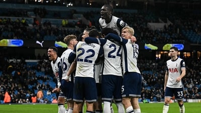 Tottenham Hotspur's Welsh striker #22 Brennan Johnson (C) celebrates with teammates after scoring his team fourth goal. (Photo by Paul ELLIS / AFP) (AFP) Tottenham Hotspur's Welsh striker #22 Brennan Johnson (C) celebrates with teammates after scoring his team fourth goal. (Photo by Paul ELLIS / AFP) (AFP)