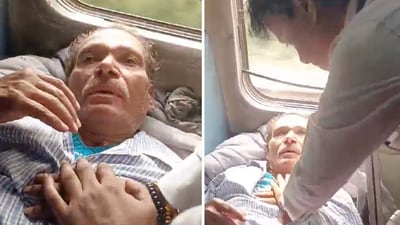 In the video, posted by the Railways on X, a TTE can be seen performing CPR on an elderly man inside a train. (X/@RailMinIndia) In the video, posted by the Railways on X, a TTE can be seen performing CPR on an elderly man inside a train. (X/@RailMinIndia)