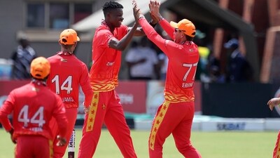 Zimbabwe cricket team celebrate a wicket during the first of the ODI cricket match between Zimbabwe and Pakistan. (AP Photo/Wonder Mashura) (AP) Zimbabwe cricket team celebrate a wicket during the first of the ODI cricket match between Zimbabwe and Pakistan. (AP Photo/Wonder Mashura) (AP)