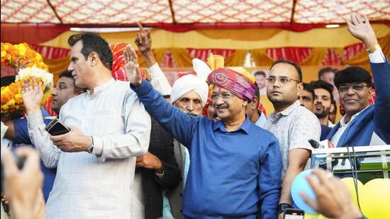 Delhi chief minister Arvind Kejriwal in Mundka on Sunday. (PTI)